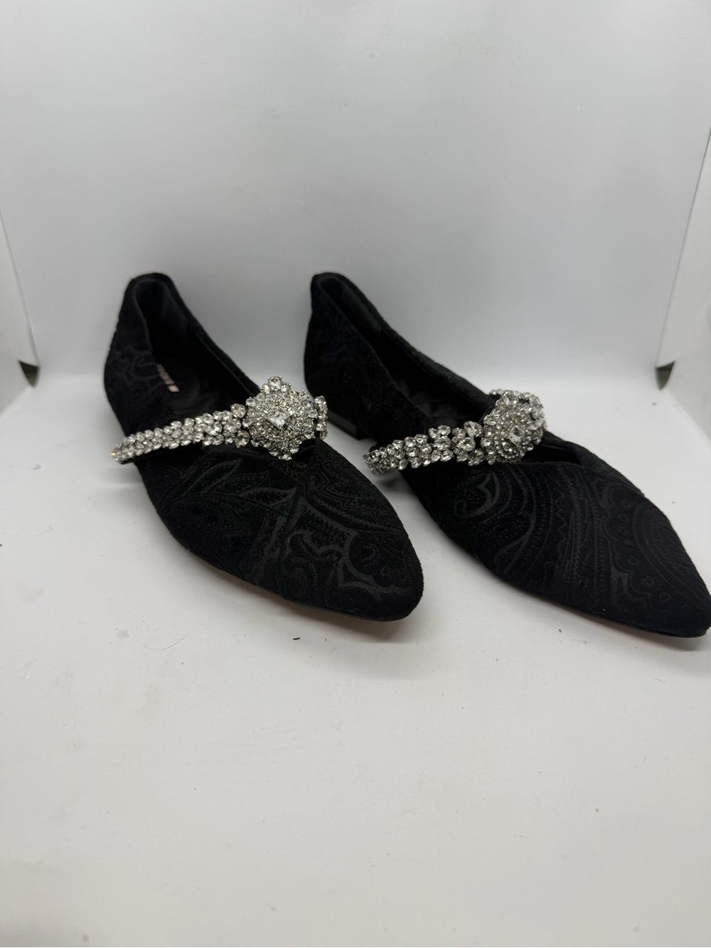 Birdies Black Pointed Toe Flats with Crystal Embellished Strap